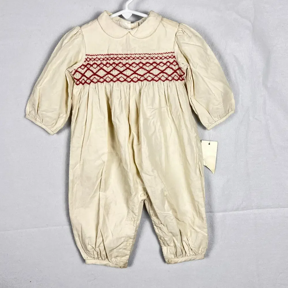 Vintage Ralph Lauren Baby Smocked Corduroy Romper 9M Months Cream Red Holiday
